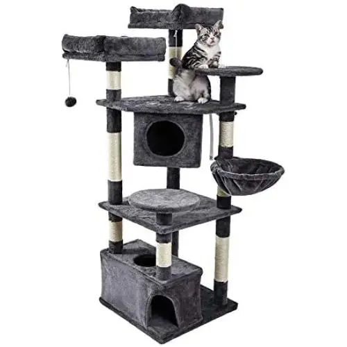 SUPERJARE Cat Tree Equipped with Spacious Perches & Plush Condos, Multi-Level Kitten Activity Tower with Scratching Posts & Basket Lounger SUPERJARE Cat Tree Equipped with Spacious Perches & Plush Condos, Multi-Level Kitten Activity Tower with Scratching Posts & Basket Lounger