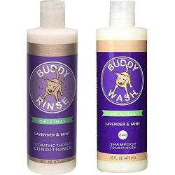 Cloud Star Shampoo and Conditioner Lavender & Mint Combo Pack for Dogs: (1) Buddy Wash 2 in 1 Shampoo + Conditioner and (1) Buddy Rinse Hydrating Therapy Conditioner (2 Bottles Total, 16 Ounces Each)