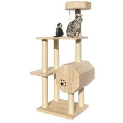 Wooden Cat Tree, Multi-Level Cat Tower, Kitten Activity Center with Sisal Scratching Posts, Spacious Condo and Dangling Ball, Modern Pet Furniture