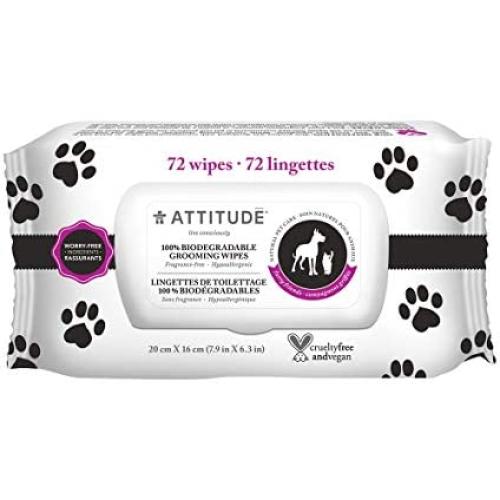 ATTITUDE Furry Friends, Hypoallergenic Natural Grooming Wipes, Fragrance Free, 72 Wipes Dispenser