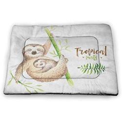 DayDayFun Sloth Pet Placemat Mother and Baby Animals Family Happiness Watercolor Boho Tropical Elements Personalized Pet Placemat Pale Brown Green 52''x34''