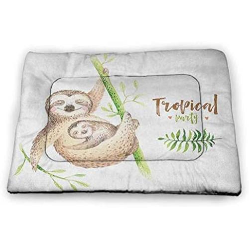 DayDayFun Sloth Pet Placemat Mother and Baby Animals Family Happiness Watercolor Boho Tropical Elements Personalized Pet Placemat Pale Brown Green 52''x34''