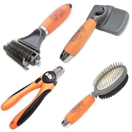 GoPets Ultimate Grooming Bundle for Pets with Double Sided Dematting & Deshedding Rake Tool, Self Cleaning Slicker Brush, 2 Sided Pin & Bristle Comb, and Nail Clipper with Nail File for Dogs and Cats