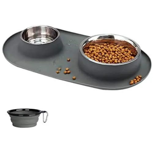 Dog Bowls Stainless Steel, Collapsible Dog Bowl with No Spill Non-Skid Silicone Mat Set, Three Feeder Food Water Bowl for Small Medium Large Dogs, Puppies, Cats and Pets, Pack of 3