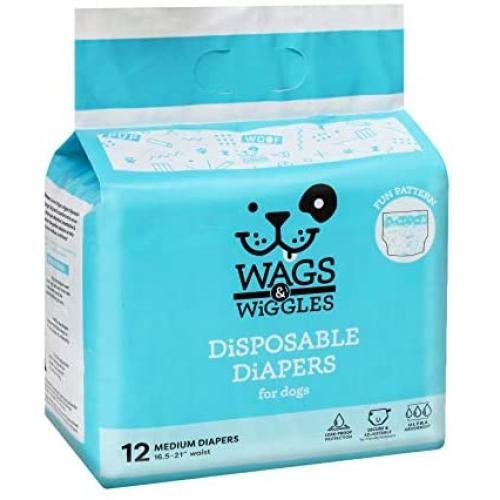 Wags & Wiggles Female Dog Diapers | Doggie Diapers for Female Dogs | Medium Dog Diapers, 16.5''-21'' Waist - 12 Pack