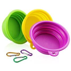 YOBY Collapsible Dog Cat Travel Bowl, 3-Packs Foldable Expandable Food Grade Silicone Dish for Pet Portable Food Water Feeding Container, Small to Medium Dogs Yellow Green Purple Free Carabiner