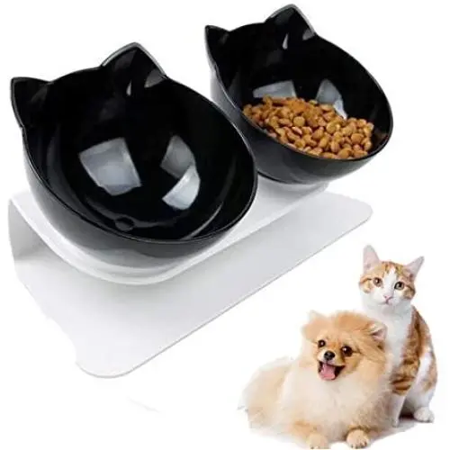 Double Cat Bowl with Raised Stand,15°Tilted Platform Cat Feeders Food and Water Bowls,Reduce Neck Pain for Cats and Small Dogs Double Cat Bowl with Raised Stand,15°Tilted Platform Cat Feeders Food and Water Bowls,Reduce Neck Pain for Cats and Small Dogs