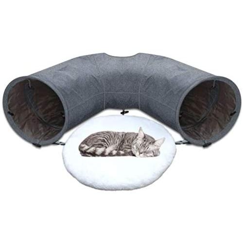 Lepawit 2-in-1 Cat Tunnel Tube 3-Way Feline Tunnel with Removable Mat Cushion Cat Bed Collapsible Crinkle Inside Cat Maze Toys with Hanging Ball for Indoor Cats Kittens
