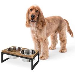 MyGift Rustic Burnt Wood & Black Metal Pet Dog and Cat Raised Double Feeder with Stainless Steel Bowls, Small to Medium Sized Pets