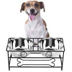 VIVIKO Bone Style Pet Feeder for Dog Cat, Stainless Steel Food and Water Bowls with Iron Stand