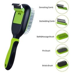 LEWARM Bristle Brush/Pin Brush/Bath&Massage Brush/Dematting Comb/Deshedding Comb for Dogs Cats 5-in-1 Pet Grooming Kit, Remove Undercoat MatsTangled Hair & Improve Circulation