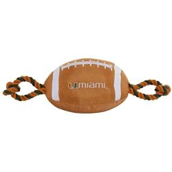 Pets First NCAA Miami Hurricanes Football Dog Toy, Tough Quality Nylon Materials, Strong Pull Ropes, Inner Squeaker, Collegiate Team Color