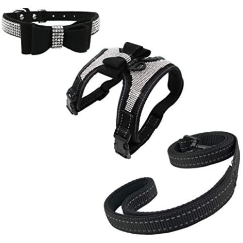 Newtensina 3pcs Bow Ties Bling Cute Dog Harness and Dog Collar with Lead for Dog