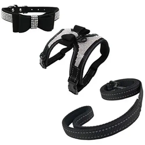 Newtensina 3pcs Bow Ties Bling Cute Dog Harness and Dog Collar with Lead for Dog