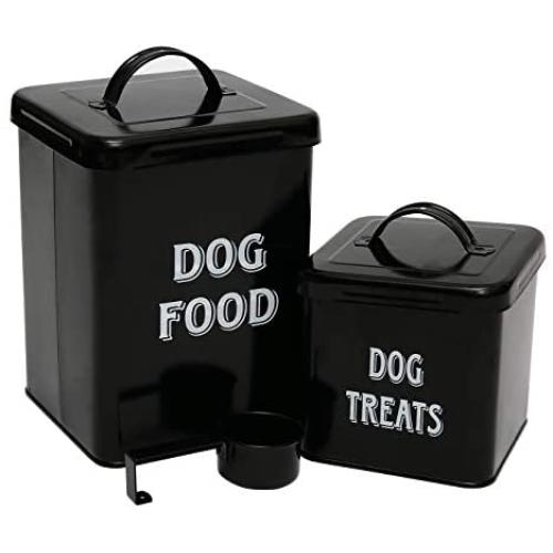 Pethiy Dog Food and Treats Containers Set with Scoop for Dogs-Vintage White Powder-Coated Carbon Steel - Tight Fitting Lids - Storage Canister Tins Small