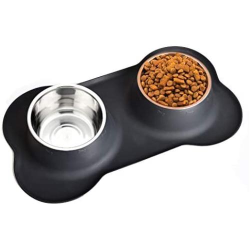 Easeurlife Stainless Steel Dog Bowl Set 2 x 38oz No Spill/Non-Skid Silicone Mat Double Pet Bowls Set for Medium Dogs, Each Bowl About 1100ml Black