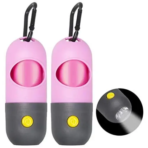 2PCS Dog Poop Bag Dispenser LED Dog Poop Bag Holder, Pet Waste Bag Dispenser for Leash with Sturdy Carabiner Clip, 2 Leak-proof Dog Waste Bags Dog Poop Bag Holder Leash Attachment with Flashlight