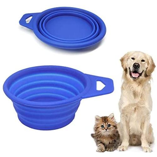 BYOMIGY 2 PCS Foldable Food Bowl Dog Cat Portable Feeding Collapsible Dog Bowl Silicone Bowl Pet Interactive Feeder Pet Bowl Dogs Toy Dog Flying Pie BPA Free for Travel Hiking Camping Blue and Gray