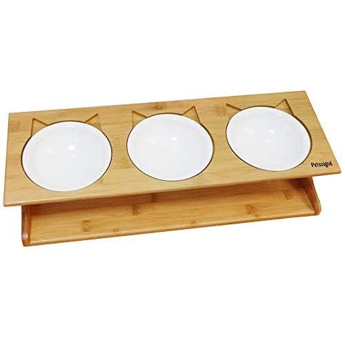 Petsoigné Cat Bowls Pet Dining Table with Raised Slope Wooden Stand Elevated Pet Bowls with Oblique Stand for More Comfortable Eating for Cats, Dogs, Kitten and Puppy (Treble Bowl, Ceramics)