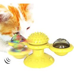 WWYM 3 in 1 Pet Interactive Toys - Scratching Tickle Hair Brush, Clean Tooth Brush, Windmill Turntable Teasing Cat Toy,Yellow