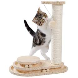 Made4Pets Wooden Cat Scratching Post Cat Scratcher Toy Two-Layer Cat Turntable with Interactive Balls and Dangling Ball