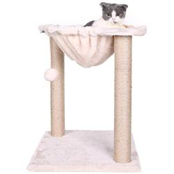 PINA Cat Tree Tower with Hammock Bed and Scratching Post, Dangling Pom-Pom, 3-in-1 Cat Scratching Post, Pet Bed Scratch Lounge Furniture for Cats, Beige Flannel