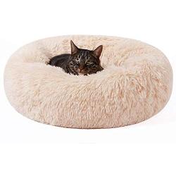 HACHIKITTY Calming Cat Bed Machine Washable, Cat beds Indoor Cats Medium, Flush Faux Fur Donut Cat Bed