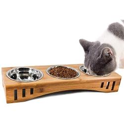 Petsoigné Basic Cat Bowls with Wooden Stand Pet Dining Table Cat Feeder with Bamboo Stand for Cats and Puppy (3 Bowls, Stainless Steel)