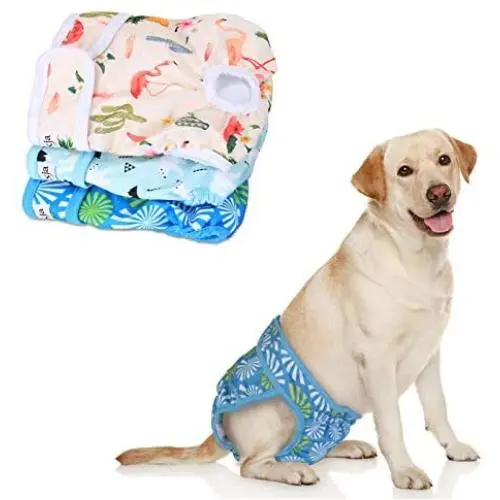LUXJA Reusable Female Dog Diapers (Pack of 3), Washable Wraps for Female Dog (Large 2, Flamingos+Polar Bears+Flowers)