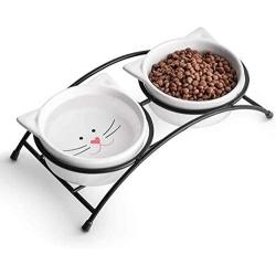 Y YHY Cat Food Bowls, Raised Cat Bowls for Food and Water, Ceramic Cat Bowls Elevated, Cat Dishes for Cat or Small Dogs,12 Ounces, Cute Cat Design, Dishwasher Safe