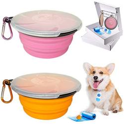 Collapsible Dog Bowl for Travel, 2 Pack Foldable Bowl with Lid Dog Water Bowl Puppy Feeding Bowls & Dog Poop Bag with Dispenser, Portable Bowl Set,15oz,450ML