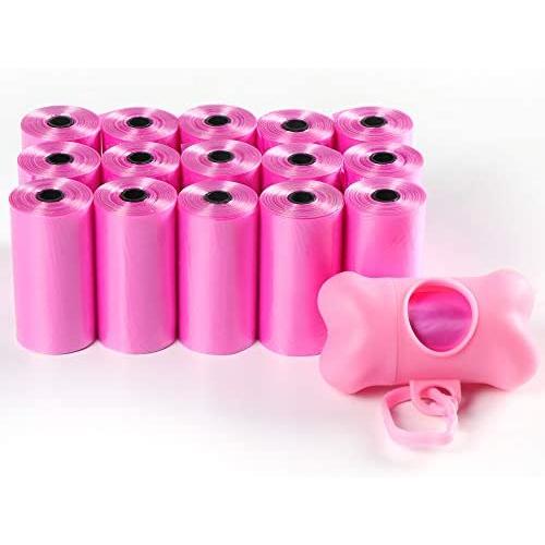 Augies Doggies Pets Poop Bags with Free Bone-Shaped Dispenser and Leash Clip, Eco-friendly, Leak-Proof Compostable Dog Waste Bag, Bulk Pack of 16 Rolls/20 bags per roll/ 320 bags (Pink)