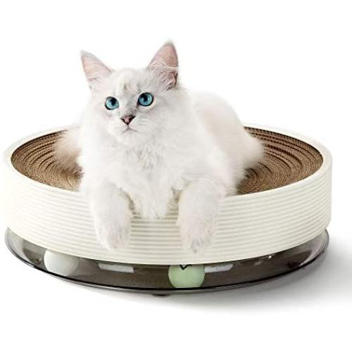 HIPIPET Cat Scratcher Pad for Indoor Cats Scratching Post with 3-in-1 Cat Toys Balls Round Cat Scratcher Cardboard Bed for Large Cats and Kitten