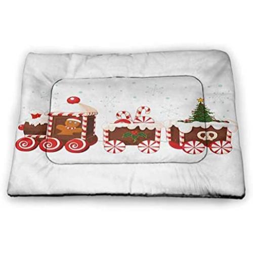 DayDayFun Christmas Dog Mat Train with Gingerbread Cream Candy Cartoon Toys Snowflakes Presents Pet Mats for Food and Water White Brown Vermilion