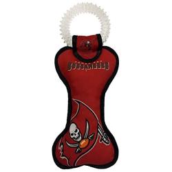 Pets First NFL Tampa Bay Buccaneers Football Dental Tough Dog TUG Bone Toy with Built-in Squeaker Attached to a Safe Rubber Teething Toothbrush PET Toy, Team Color, 14 x 5 (TBB-3310)