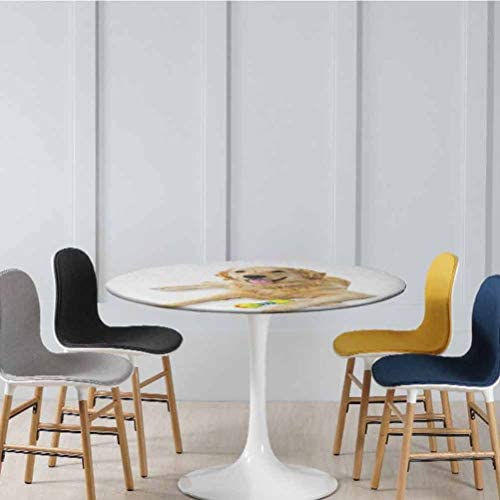 Round Elastic Table Cloth Pet Dog Laying Down with Toy Friendly Domestic Puppy Playful Companion Perfect Tablecloth Protecting Table from Damaging Water Multicolor Diameter - 79 Inch