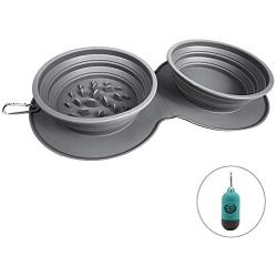 Rainteam Portable Collapsible Travel Dog Bowl, Outdoor Double Bowl Design with Slow Feeder Bowl and Water Bowl, Non-Slip, Anti-tip and No-Spill