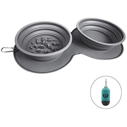 Rainteam Portable Collapsible Travel Dog Bowl, Outdoor Double Bowl Design with Slow Feeder Bowl and Water Bowl, Non-Slip, Anti-tip and No-Spill