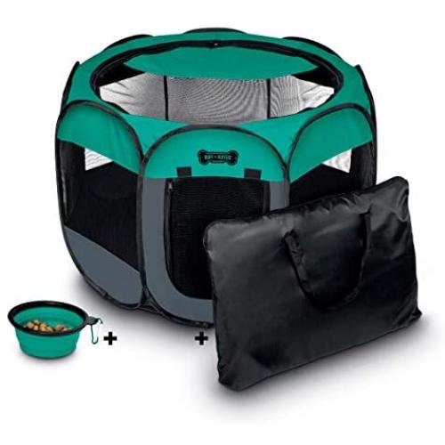 Ruff N Ruffus Portable Foldable Pet Playpen + FREE Carrying Case + FREE Travel Bowl | Available in 3 Sizes | Exercise Pen Kennel Indoor/Outdoor Water-Resistant Removable Shade Cover Dogs/Cats/Rabbits