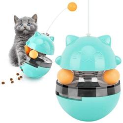 Pawaboo Cat Food Dispenser Treat Toys, Interactive Treat Dispensing Slow Feeder Pet Food Treat Ball, Funny Tumbler Style IQ Training Toy with Dual Rolling Balls & Detachable Wand for Cats Kitten, Blue