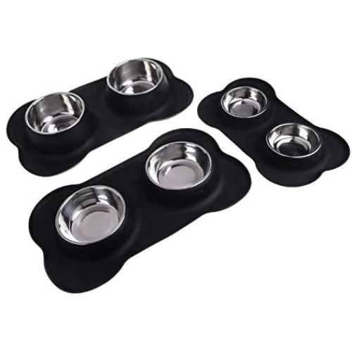 Stella-Lou Dog Bowls & Mat Set - 2 Removable Stainless Steel Bowls Set in a No Mess, No Spill, Non Skid, Silicone Mat. Food & Water Bowls for Dogs or Cats.