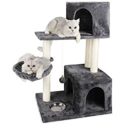 JS NOVA JUNS Cat Tree, Cat Tower with Sisal-Covered Scratching Posts Basket Fur Ball and 2 Cozy Condos Cat Furniture for Kitten Light Gray