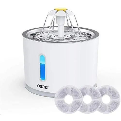 Aerb Cat Water Fountain, Pet Water Fountain: Cat Fountain Ultra-Quiet Pump with Night Light and 3 Carbon Filters, 81oz/2.4L