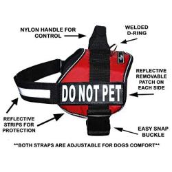 DO NOT PET Dog Vest Harness with Removable Patches and Reflective Trim. Comes with 2 DO NOT PET Reflective Removable Patches. Please Measure Dogs Girth Before Purchase