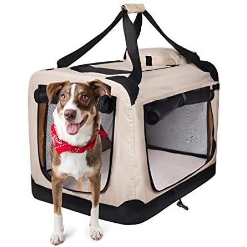 Crazy Queens Portable 3 Door Soft Sided Folding Travel Pet Carrier with Straps and Fleece Mat for Dogs, Cats, Rabbits, Indoor/Outdoor Use