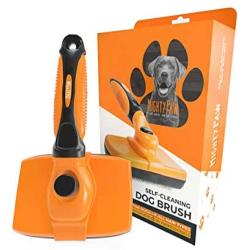 Mighty Paw Dog Grooming Brush | Durable Self-Cleaning Pet Brush. 100% Stainless Steel Soft Bent Bristles. Great for Removing Hair, Mats, & Tangles. Soft Ergonomic Handle for Extra Comfort