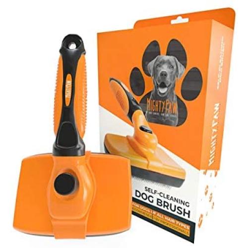 Mighty Paw Dog Grooming Brush | Durable Self-Cleaning Pet Brush. 100% Stainless Steel Soft Bent Bristles. Great for Removing Hair, Mats, & Tangles. Soft Ergonomic Handle for Extra Comfort