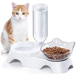 MILIFUN Double Dog Cat Bowls - Pets Water and Food Bowl Set, 15°Tilted Water and Food Bowl Set with Automatic Waterer Bottle for Small or Medium Size Dogs Cats