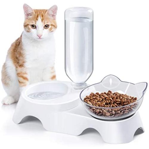 MILIFUN Double Dog Cat Bowls - Pets Water and Food Bowl Set, 15°Tilted Water and Food Bowl Set with Automatic Waterer Bottle for Small or Medium Size Dogs Cats