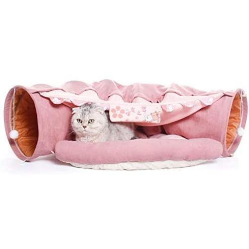 2 in 1 Cat Foldable Tunnel Bed, 50 Inches Removable & Washable Tube Round Cave Nest with Warm Central Mat Cat Toys for Cat Kitty Dog - Pink